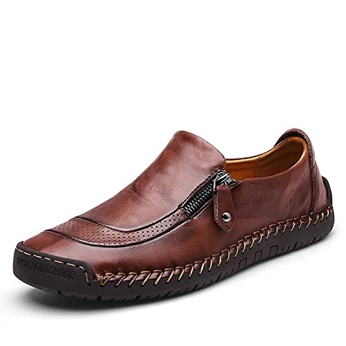SAPHIRVOGEL™ Herren HANDGEFERTIGT Seite Reissverschluss LÄSSIG BEQUEM Leder Loafer (Braun,47) von SWZEC