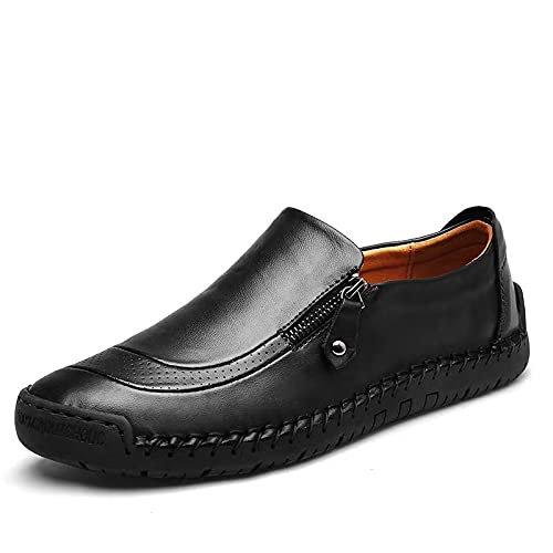 SAPHIRVOGEL™ Herren HANDGEFERTIGT Seite Reissverschluss LÄSSIG BEQUEM Leder Loafer (Schwarz,43) von SWZEC