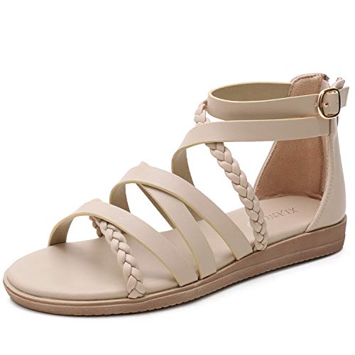 SWZEC Damen Gladiator Sandalen Römische Sandalen Mit Elegant Trendige Römerschuhe mit Reißverschluss 36-42 EU (Beige,39) von SWZEC