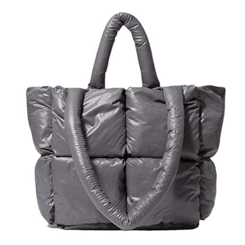 Damen Stepptasche Gesteppte Shopper Tasche Nylon Gitter Einfarbig Umhängetasche Reißverschluss Große Tote Bag Winter (Grau) von SWZEC