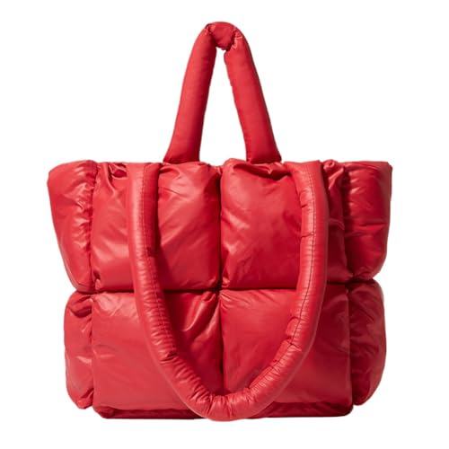 Damen Stepptasche Gesteppte Shopper Tasche Nylon Gitter Einfarbig Umhängetasche Reißverschluss Große Tote Bag Winter (Rot) von SWZEC