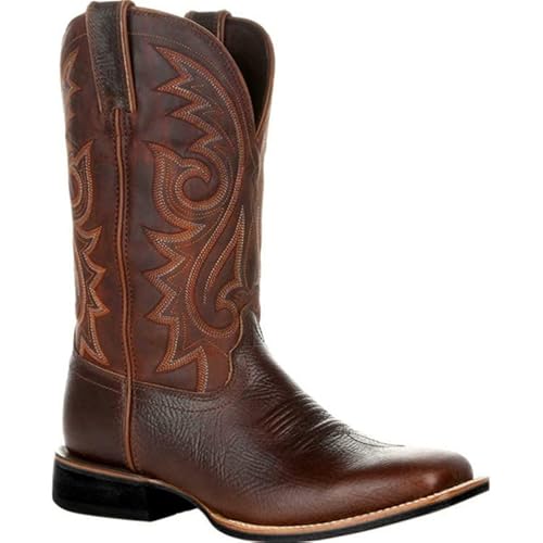 SWZEC Herren Cowboystiefel Breit klassisch Vintage Stickerei Spitzer Zehenbereich Damen Mittlere Wade Westernstiefel 38-48 (42,Braun 2) von SWZEC