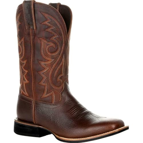 Herren Cowboystiefel Breit klassisch Vintage Stickerei Spitzer Zehenbereich Damen Mittlere Wade Westernstiefel 38-48 (44,Braun 2) von SWZEC