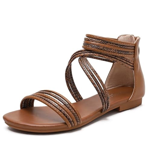 SWZEC Orthoback OrthoSandal Gladiator Retro Sandalen Damen Flach Reißverschluss Hinten Leichte Bequeme Sommerschuhe (37,Braun) von SWZEC