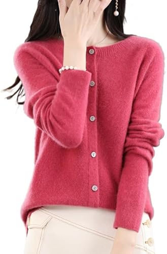 SWZEC Wolff Merinowolle Damen Rundhals Cardigan Kaschmir Pullover (Dunkelpink,M(50-55kg)) von SWZEC
