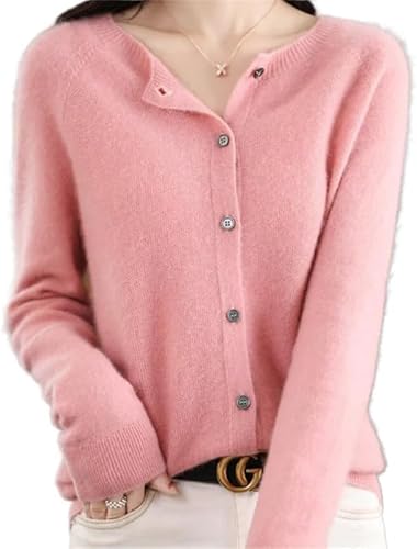 SWZEC Wolff Merinowolle Damen Rundhals Cardigan Kaschmir Pullover (Hell-Pink,L(55-62kg)) von SWZEC