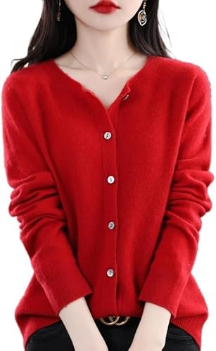 SWZEC Wolff Merinowolle Damen Rundhals Cardigan Kaschmir Pullover (Rot,XXL(67-75kg)) von SWZEC