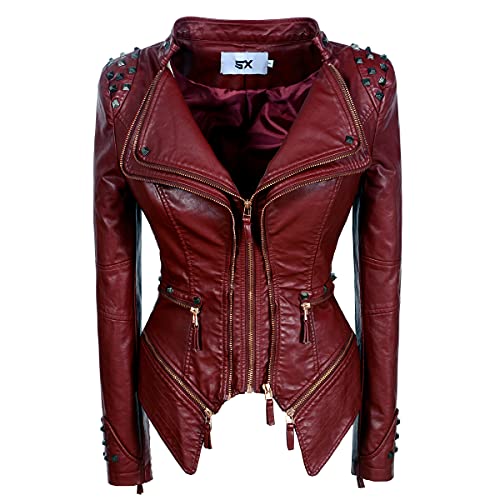 SX Damen Bikerjacke mit Nieten und perfekt formenden Kunstleder - Rot - X-Large von Fashion SX