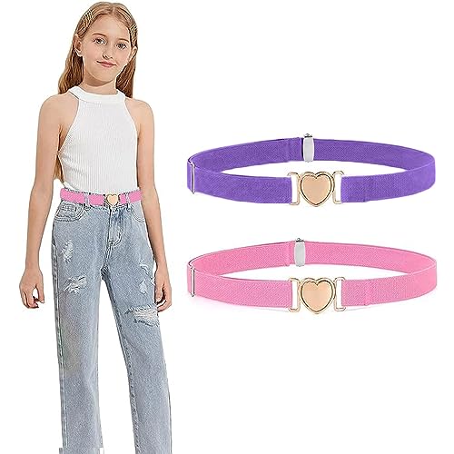 SXCCNW Gürtel Kinder, 2 Stück Elastische Gürtel für Mädchen, Herzform Gürtel Ohne Schnalle Verstellbare Elastische Gürtel für Kleider Jeans Hose Uniform Lila Rosa von SXCCNW