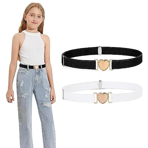 SXCCNW Gürtel Kinder, 2 Stück Elastische Gürtel für Mädchen, Herzform Gürtel Ohne Schnalle Verstellbare Elastische Gürtel für Kleider Jeans Hose Uniform Schwarz Weiß von SXCCNW