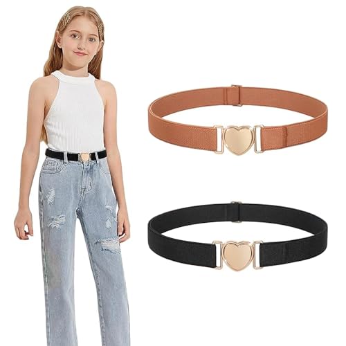 SXCCNW Gürtel Kinder, 2 Stück Elastische Gürtel für Mädchen, Herzform Gürtel Ohne Schnalle Verstellbare Elastische Gürtel für Kleider Jeans Hose Uniform Schwarz & Kaffeefarbe von SXCCNW