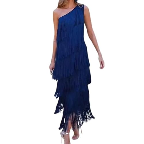 SXHEYUY Damen Fransenkleid Vintage Maxikleider Cocktail Party Kleid One Shoulder Club Paillettenkleid,Blau,M von SXHEYUY