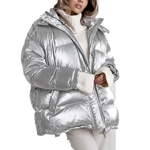 SXHEYUY Damen Puffer Daunenmantel Glänzend Warm Wintermäntel Mit Kapuze Leichte Parkajacke,Silber,S von SXHEYUY