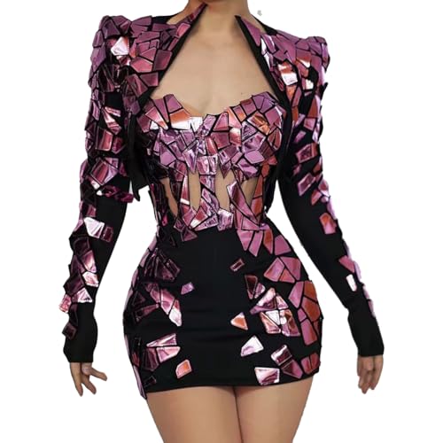 SXHEYUY Frauen Drag Kostüm Pailletten Diamanten Bodysuit Bühne Party Clubwear Strass Trikot Kleid,Lila,XL von SXHEYUY