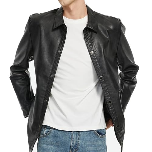 SXHEYUY Herren Lederhemd Langarm Jacke PU Motorrad Outfit Hemden,Schwarz,L von SXHEYUY