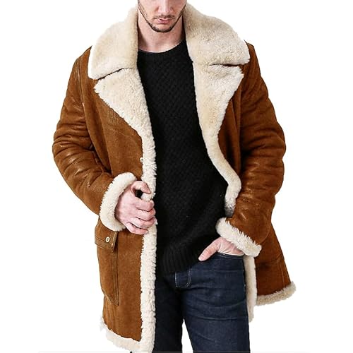 SXHEYUY Herren Vintage Lammfelljacke Kunstpelz Fleece Futter Lammfell Verdicken Winter Warm Mantel Outwear,Braun,XXL von SXHEYUY