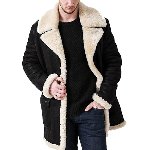 SXHEYUY Herren Vintage Lammfelljacke Kunstpelz Fleece Futter Lammfell Verdicken Winter Warm Mantel Outwear,Schwarz,S von SXHEYUY