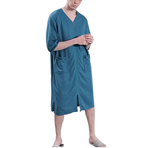 SXLLZSLC Kurzarm Herren Schlafshirt Nachthemd Locker Bequem Nachthemd Reißverschluss Robe mit Taschen Hausmantel von SXLLZSLC