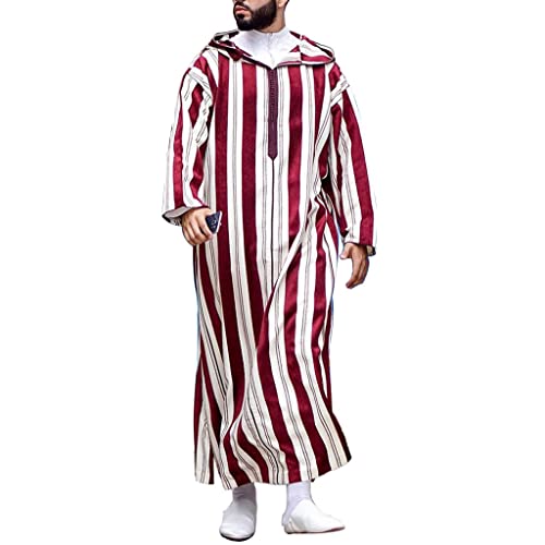 SXLLZSLC Männer mit Kapuze Muslim Thobe Lange Ärmel Lockerer Islamischer Kaftan Naher Osten Saudi-Araber Lange Robe Ramadan Jubbah Kleidung (Color : Stripe, Size : 3XL) von SXLLZSLC