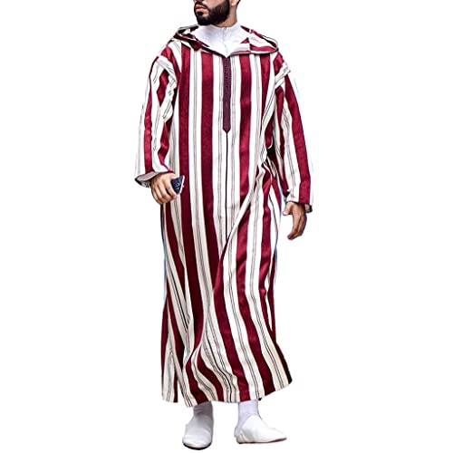 SXLLZSLC Männer mit Kapuze Muslim Thobe Lange Ärmel Lockerer Islamischer Kaftan Naher Osten Saudi-Araber Lange Robe Ramadan Jubbah Kleidung (Color : Stripe, Size : XXL) von SXLLZSLC