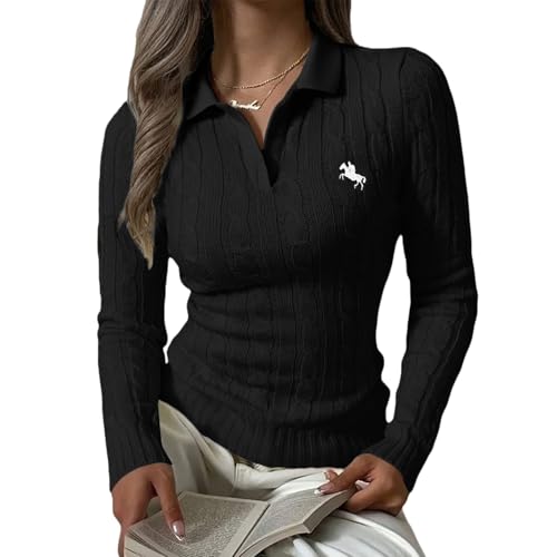 Damen Basic Lazy Style Twist Stickerei Herbst Klassische Pullover, Vintage Zopfmuster V Ausschnitt Langarm Strickoberteile(Black,S) von SXQCKJ