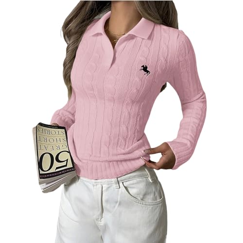 Damen Basic Lazy Style Twist Stickerei Herbst Klassische Pullover, Vintage Zopfmuster V Ausschnitt Langarm Strickoberteile(Pink,S) von SXQCKJ