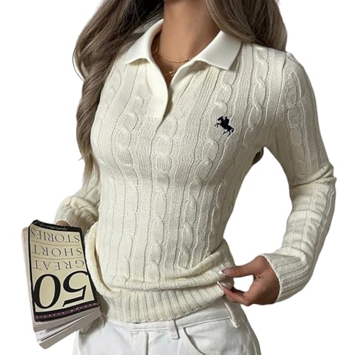 Damen Basic Lazy Style Twist Stickerei Herbst Klassische Pullover, Vintage Zopfmuster V Ausschnitt Langarm Strickoberteile(White,S) von SXQCKJ