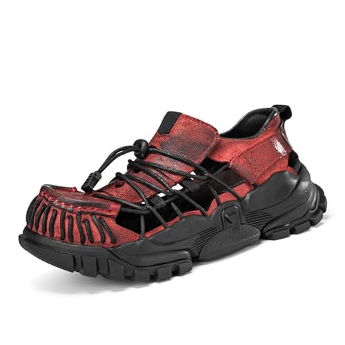 Herren Fischersandalen Aus Echtem Leder Mit Hohlsaum Und Plateausohle, Lässige Sneaker Mit Gummizug Und Dickem Absatz, Bootsschuhe(Wine red,41 EU) von SXQCKJ
