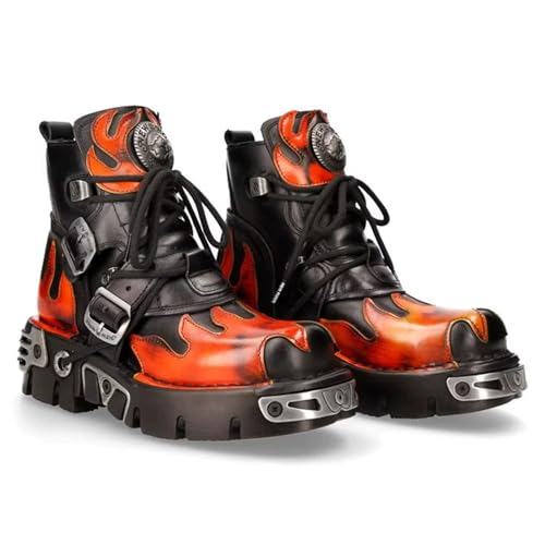 Herren Plateau Motorradstiefel Mit Roter Flamme, Damen-Schnürstiefel Aus Echtem Metall Und Mittelhohem Schaft, Runde Zehenpartie(9) von SXQCKJ