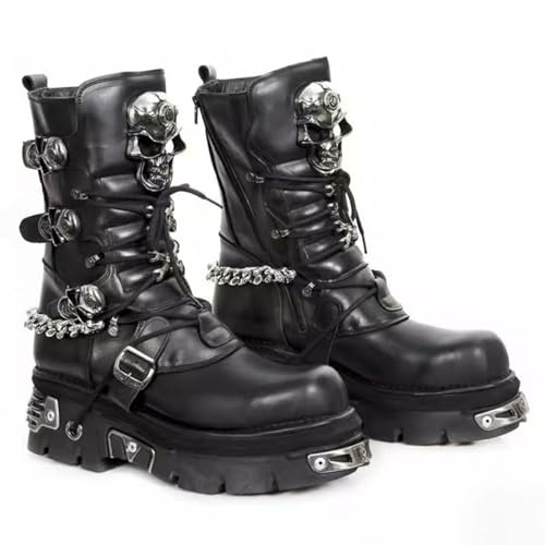 Herren Silber Totenkopf Teufel Metallic Motorrad Stiefeletten, Street Riding Goth Punk Leder Wadenstiefel Unisex(5.5) von SXQCKJ