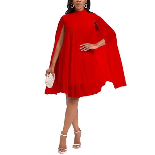 SXQCKJ Damen-Minikleid Mit Stehkragen, Umhangärmeln Und Fließendem Plissee-Partykleid In Oversize-Passform(Red,M) von SXQCKJ