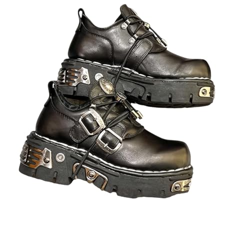 SXQCKJ Dark Punk Vintage Rock Boots Im Gleichen Stil Für Herren Und Damen, Low Top Plateau Motorradschuhe Aus Metallleder(38 EU) von SXQCKJ