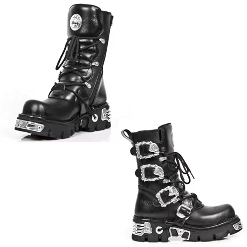 SXQCKJ Herren Punkrock Motorradstiefel Aus Rindsleder, Handgefertigte Retro Westernstiefel Aus Metall mit Dickem Absatz und Gothic Totenkopfschnalle In der Mitte der Wade(9.5) von SXQCKJ