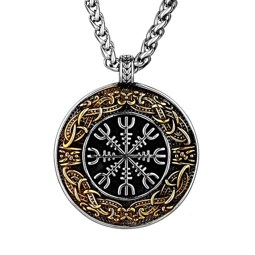 SXQCKJ Herren Vintage Wikinger Aegishjalmur Keltische Knoten Halsketten, Nordische Mythologie Edelstahl Amulett Anhänger(Gold) von SXQCKJ