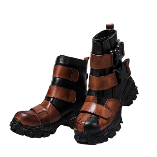 SXQCKJ Herrenmode Echtleder Motorradstiefel, Gothic Punk Rock Mid Calf Plateau Werkzeug Steam Boots(Brown cotton,42 EU) von SXQCKJ