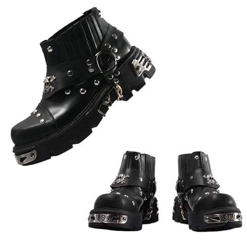 SXQCKJ Herrenmode Echtleder Motorradstiefel Mit Mittlerer Wade, Damen Retro Dark Punk Metal Rock Cowboystiefel Plateauschuhe(45 EU) von SXQCKJ