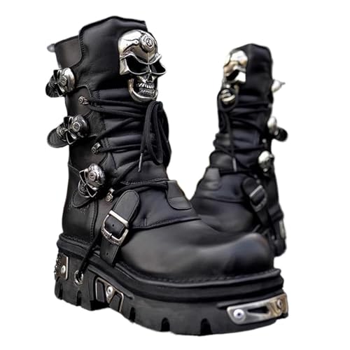 SXQCKJ Modische Motorradstiefel Aus Leder Für Herren, Punk Stiefeletten Für Das Winter Straßenreiten, Arbeitsschuhe Mit Schnalle Und Mittlerer Wade(9) von SXQCKJ