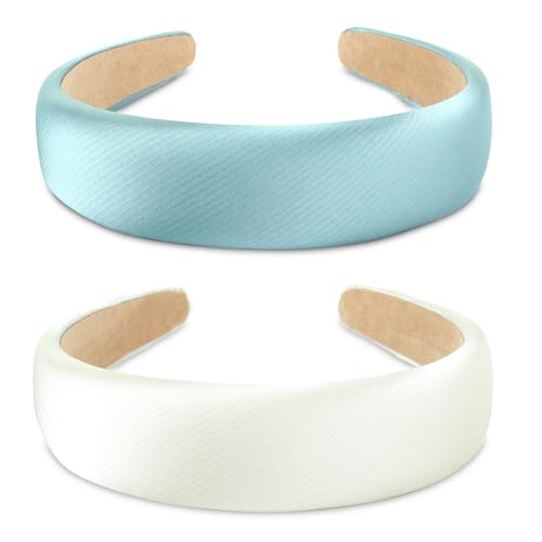 SXQLYH 2 Stück Haarreif mit Stoff gepolstertes Satin Metallicfarbe Stirnband - Wunderschön Damen Stirnband Haarschmuck Haarreifen Breit Gepolstert Haarband für Frauen und Mädchen (Blau+weiß) von SXQLYH