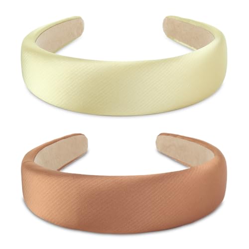 SXQLYH 2 Stück Haarreif mit Stoff gepolstertes Satin Metallicfarbe Stirnband - Wunderschön Damen Stirnband Haarschmuck Haarreifen Breit Gepolstert Haarband für Frauen und Mädchen (Gelb+Braun) von SXQLYH