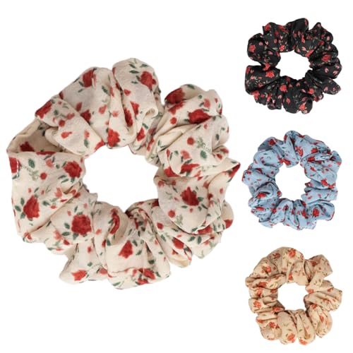 SXQLYH 4 Stück Haargummis aus floralem Stoff, Zopfband Weiches Bequemes Haarscrunchie Gummiband 8.5CM, Scrunchies Pferdeschwanz Halter Haar Bobble für Damen Dickes Langes Haar von SXQLYH