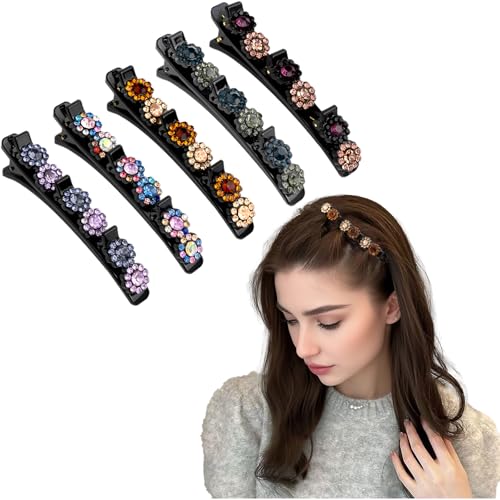 SXQLYH Doppelschicht Haarspange, 5 Stück Geflochtene Haarspangen, Kristallblume Haarspange Mit 3 Clips, Haarspangen Damen mit Kristallsteinen Elegante Haarstyling Clips Strass-Haarspange haarklammern von SXQLYH