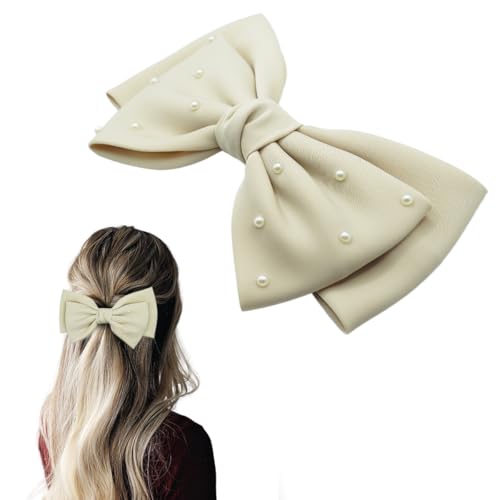 SXQLYH Schleife Haarspange Satin, Haarspangen Damen mit 18CM Groß Schleife und Perlen, Frauen Haarschleifen Haarklammern Französische Haarspangen Ballerina-Schleife eleganter (Beige) von SXQLYH