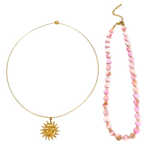 Set mit 2 doppellagigen Halsketten-Set mit Sonnenanhänger, Muschel-Perlenkette, Edelstahl-Schmuck für Teenager, Mädchen, Muschelperlen von SXRQ