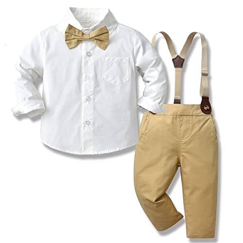 SXSHUN 3-Teiliges Baby Jungen Anzug Set Gentleman Kinder Bekleidungsset Hemd + Bowtie + Hosen Strampler Taufe Hochzeit Festliche Outfit 1-10 Jahre, Kaki, 134-140 von SXSHUN