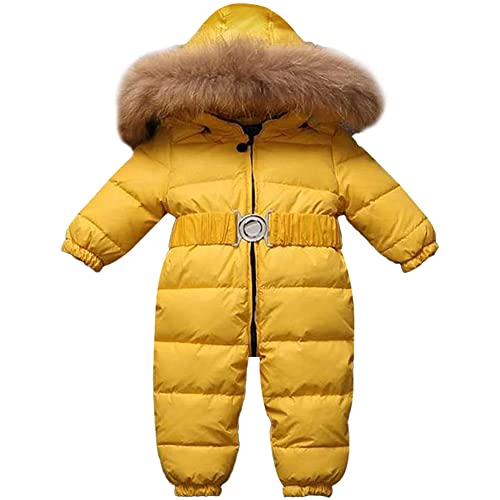 SXSHUN Baby/Säugling Jungen Mädchen Cool Daunen Schneeanzug Winter Overall Verdickt Spielanzug Schneeoverall Stepp-Strampler Einteiler Outfit mit Fellkapuze, Gelb, 86-92 von SXSHUN