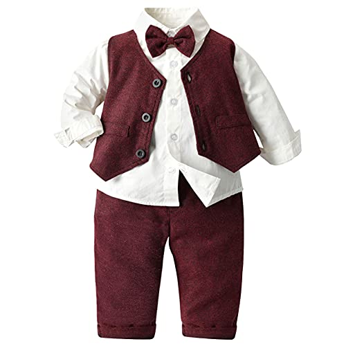 SXSHUN Baby Jungen Anzüge Gentleman Sakkos Kleinkinder Taufe Hochzeit Weihnachten Kinder Smoking Bekleidungsset, Weinrot, 4-5 Jahre(Größenetikett: 110cm) von SXSHUN