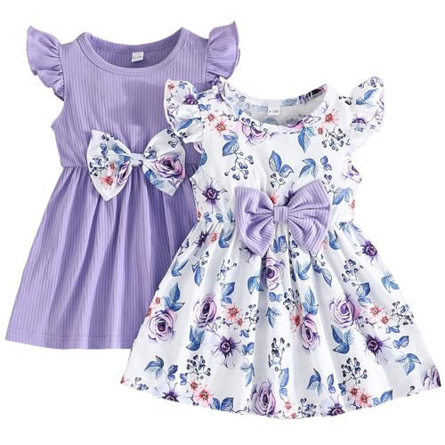 SXSHUN Baby Mädchen Kleid Kinder Kurzarm Kleider mit Schleife Prinzessin Sommerkleid 2er Pack A-Linien-Kleid für Kleinkind, Violett, 6-9M von SXSHUN