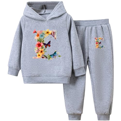 SXSHUN Hoodie Mädchen 2Pcs Jogginganzug Kinder Trainingsanzug Fleece Sportjacke mit Schmetterling und Sporthose Warm Floral Bekleidungssets, Grau, 134-140 von SXSHUN