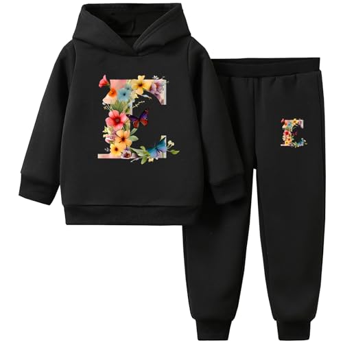 SXSHUN Hoodie Mädchen 2Pcs Jogginganzug Kinder Trainingsanzug Fleece Sportjacke mit Schmetterling und Sporthose Warm Floral Bekleidungssets, Schwarz, 134-140 von SXSHUN