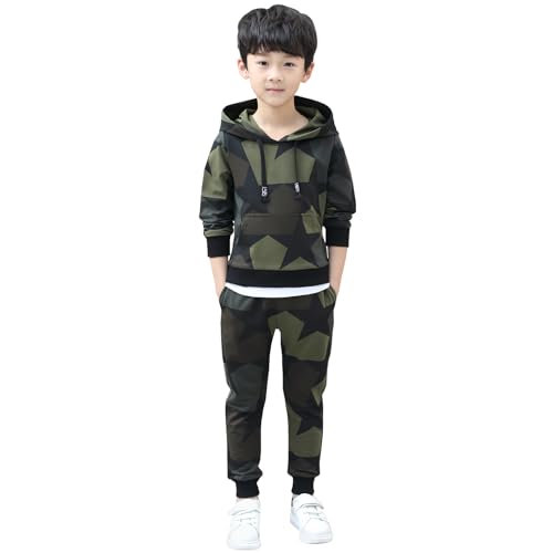 SXSHUN Jogginganzug Kinder Jungen Trainingsanzug 2tlg Sportanzug Camouflage Sport Jacke mit Kapuze Sporthose Frühling und Herbst, Grün, 152-158 von SXSHUN